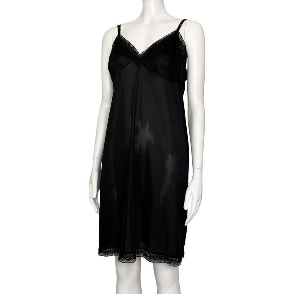 Vintage Black Satin Lingerie Slip Dress Lace Trim Chemise. M/L 22. Boho Coquette - Picture 3 of 12